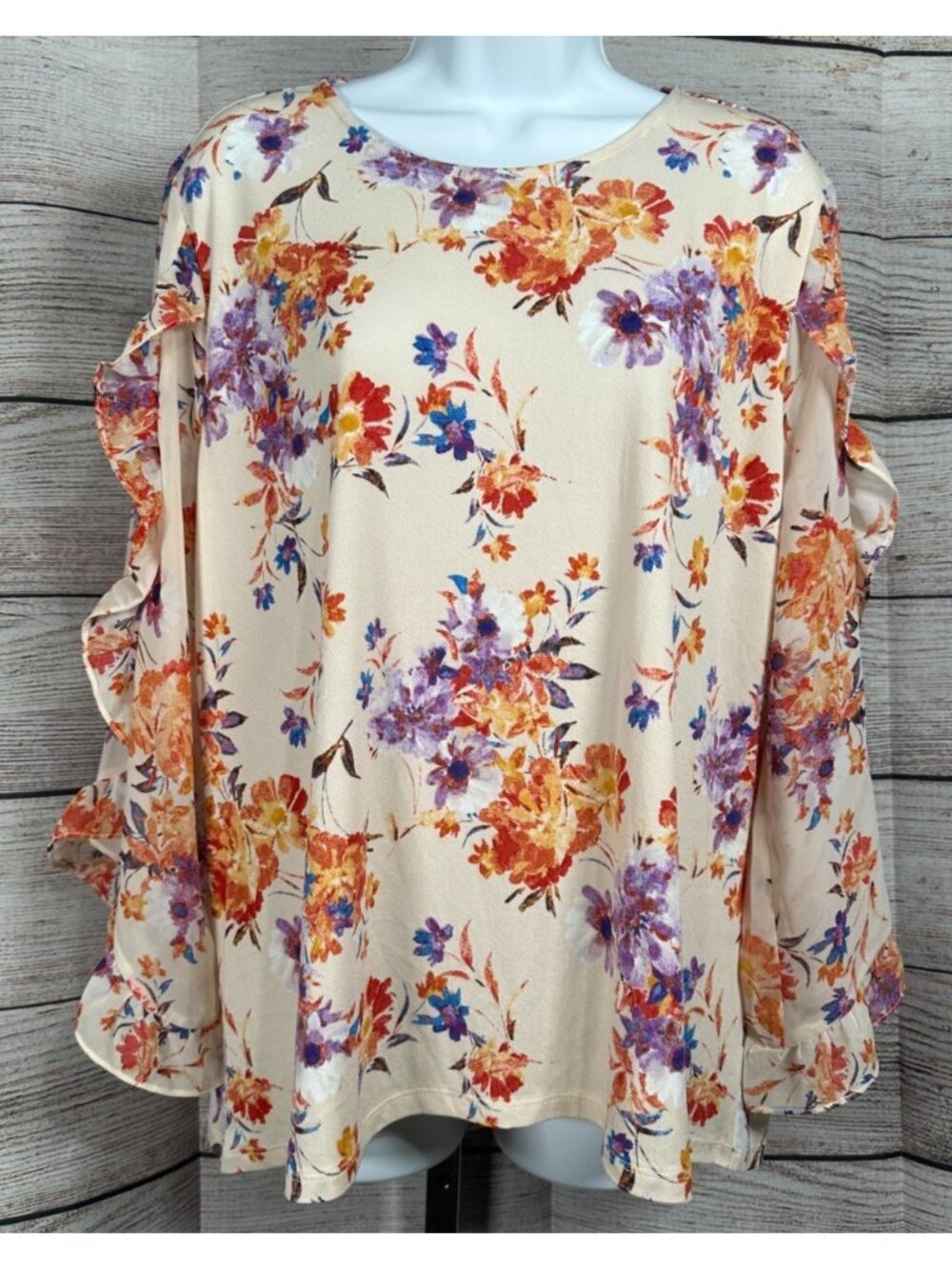 Cato Floral Cottagecore Blouse Sheer Ruffle Long Sleeve Stretch Top Size L NWT